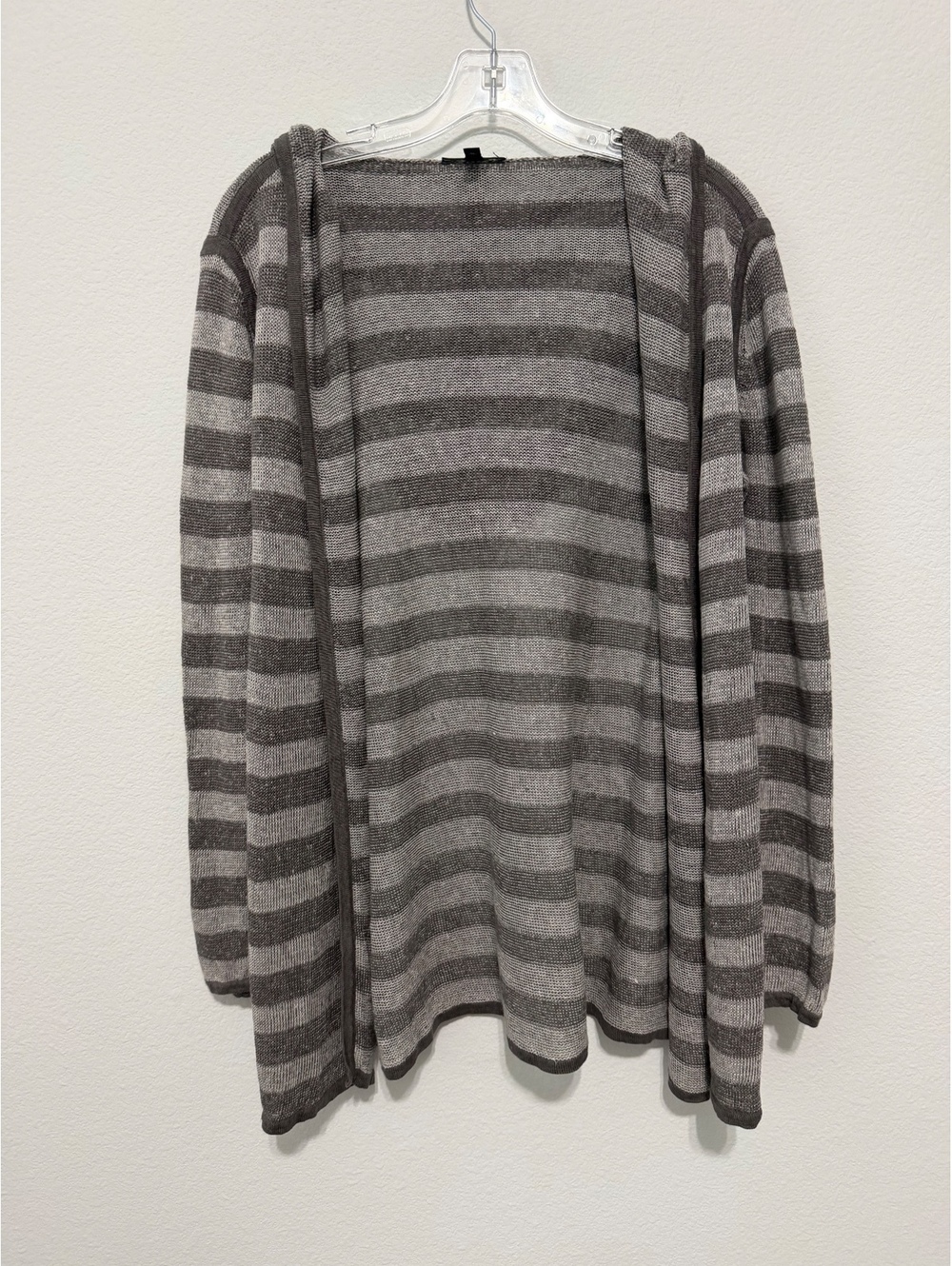 Eileen Fisher Hooded 100% Linen Cream/Gray Striped Cardigan Sweater Size M